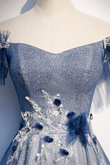 Prom Dress Sleeves, Blue Tulle Sequins Long Prom Dress, A-Line Evening Dress