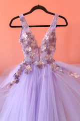 Bridesmaids Dress Inspiration, Purple V-Neck Tulle Lace Long Prom Dresses, A-Line Evening Dresses