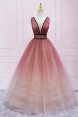 Evening Dresses Wholesale, Cute Ombre Tulle V-Neck Long Party Dress, A-line Prom Dress