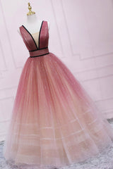 Evening Dresses Gowns, Cute Ombre Tulle V-Neck Long Party Dress, A-line Prom Dress