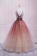 Evening Dresses Simple, Cute Ombre Tulle V-Neck Long Party Dress, A-line Prom Dress