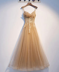 Prom Dress Type, Champagne Tulle Lace Long Prom Dress, Champagne Evening Dress, 9