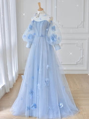 Formal Dresses Vintage, Blue Tulle Lace Long Prom Dress, Blue Tulle Lace Long Evening Dress