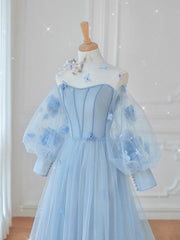 Formal Dresses Simple, Blue Tulle Lace Long Prom Dress, Blue Tulle Lace Long Evening Dress