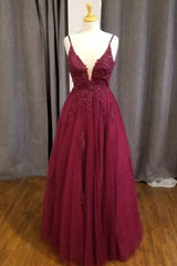 Evening Dresses For Party, Wine Lace Appliques V-Neck A-Line Prom Dress