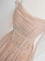 Prom Dresse Princess, Champagne Pink Tulle Beads Long Prom Dress, Champagne Evening Dress