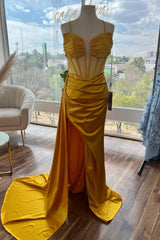 Evening Dresses 2035, Yellow Beaded Mermaid Satin Deep V Neck Long Prom Dress with Slit