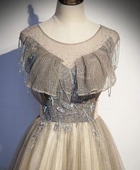 Prom Dress Cute, Champagne Round Neck Sequin Long Prom Dress, Tulle Formal Dress