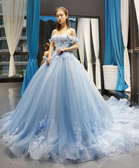 Ruffle Dress, Blue Off Shoulder Tulle Lace Long Prom Gown Blue Evening Dress