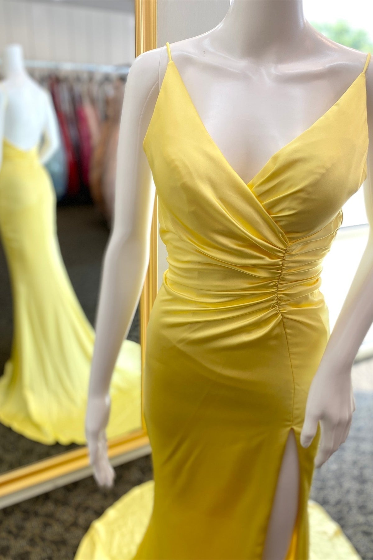 Evening Dresses For Weddings, Yellow Surplice Mermaid Pleated Satin Long Prom Dress with Slit