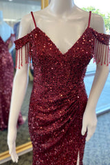 Evening Dresses Near Me, Wine Red Sequin Fringe Cold-Shoulder Long Prom Dress with Slit