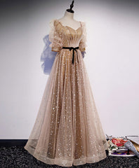 Prom Dress 2034, Champagne Sweetheart Tulle Long Prom Dress, Tulle Formal Dress