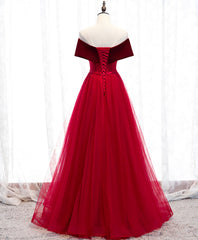 Prom Dress Places, Burgundy Tulle Off Shoulder Long Prom Dress, Burgundy Formal Dress