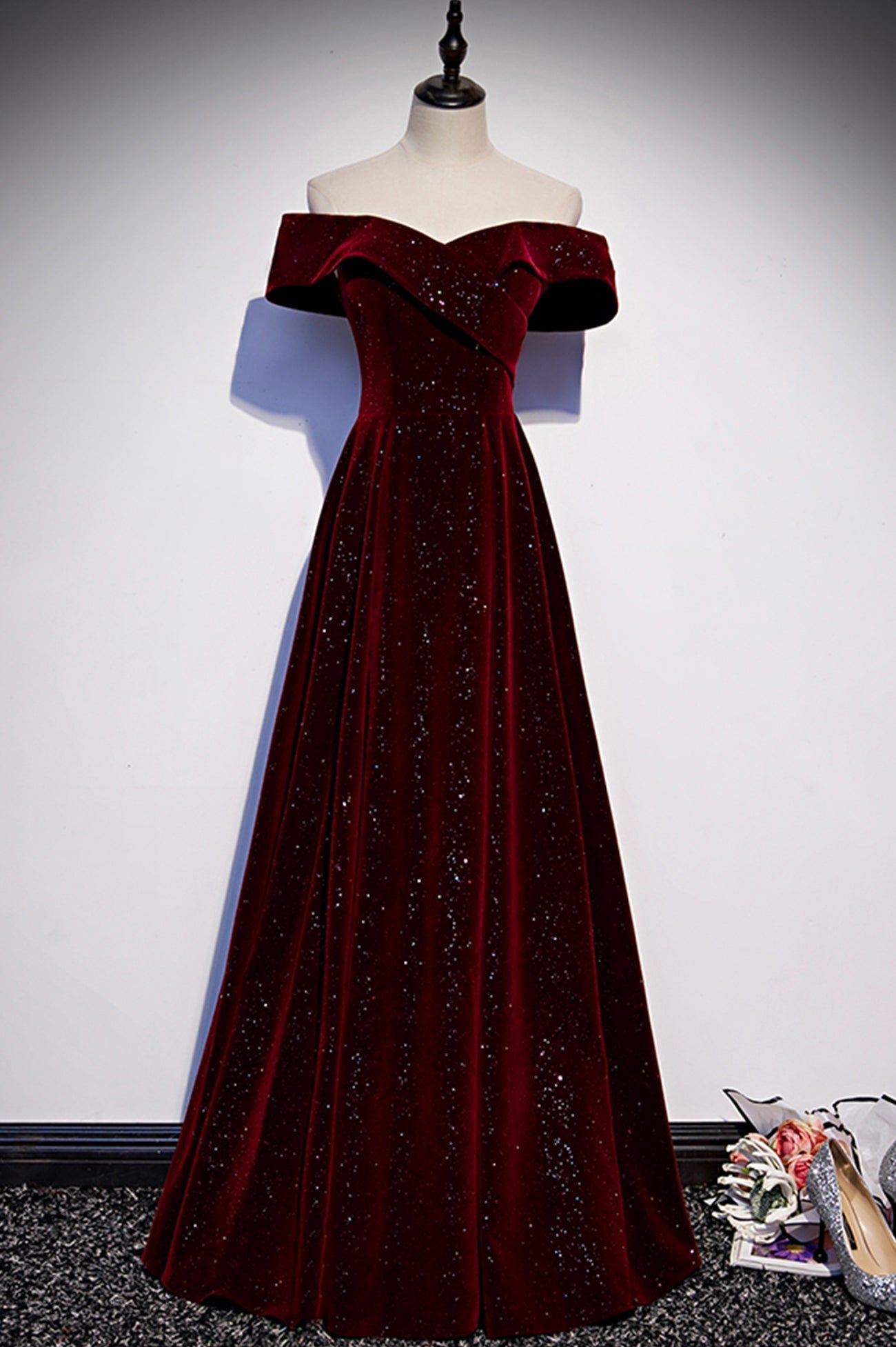 Homecome Dresses Short Prom, Burgundy Velvet Long Prom Dresses, Off the Shoulder Evening Dresses