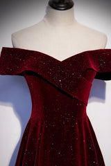 Homecoming Dresses 2028, Burgundy Velvet Long Prom Dresses, Off the Shoulder Evening Dresses