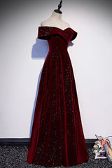 Homecoming Dresses Short Prom, Burgundy Velvet Long Prom Dresses, Off the Shoulder Evening Dresses