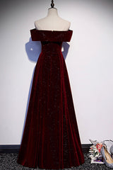 Homecoming Dress Short Prom, Burgundy Velvet Long Prom Dresses, Off the Shoulder Evening Dresses