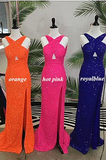 Bridesmaid Dress Design, Fitted Criss Coss Neck Orange Prom Dress with Slit