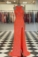 Bridesmaid Dresses Designers, Fitted Criss Coss Neck Orange Prom Dress with Slit