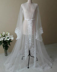Bridesmaid Dresses Color, white v neck tulle long sleeved bridal boudoir robe with 3d flowers