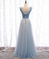 Prom Dress Shopping, Simple Blue V Neck Tulle Long Prom Dress, Blue Formal Dress