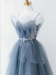 Bridesmaids Dress Fall, Gray Blue Tulle Beads Long Prom Dress, Blue Tulle Formal Dress