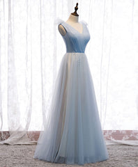 Prom Dress Shop, Simple Blue V Neck Tulle Long Prom Dress, Blue Formal Dress