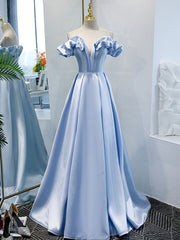 Dance Dress, Blue A Line Off Shoulder Long Prom Dress, Blue Evening Dress