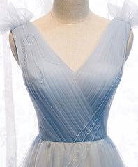Prom Dress Prom Dress, Simple Blue V Neck Tulle Long Prom Dress, Blue Formal Dress