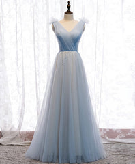 Prom Dress Inspiration, Simple Blue V Neck Tulle Long Prom Dress, Blue Formal Dress