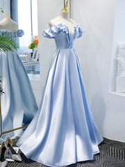 Plu Size Prom Dress, Blue A Line Off Shoulder Long Prom Dress, Blue Evening Dress