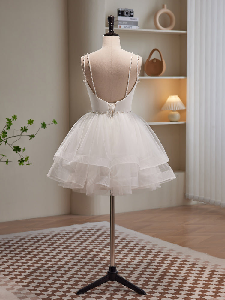 Prom Dresses Sleeves, White Spaghetti Strap Tulle Short Prom Dress, Cute A-Line Party Dress