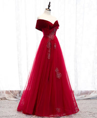 Prom Dress Trends 2039, Burgundy Tulle Off Shoulder Long Prom Dress, Burgundy Formal Dress