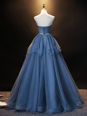 Formal Dress For Beach Wedding, Blue Sweetheart Neck Tulle Long Prom Dress, Blue Evening Dress