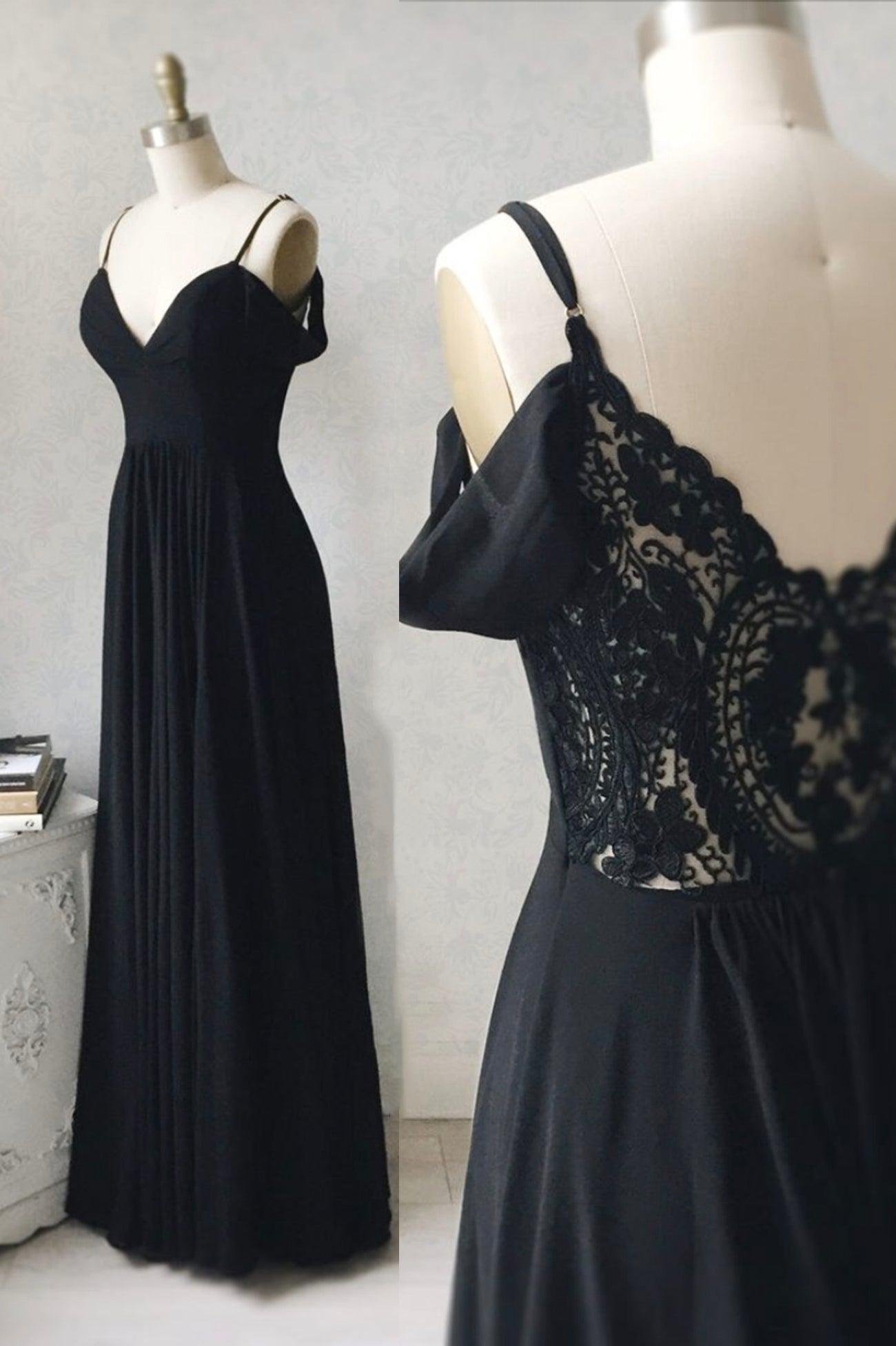 Long Sleeve Dress, Black Chiffon Lace Long Prom Dresses, A-Line Evening Dresses