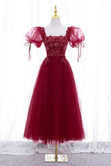 Prom Dress With Long Sleeves, Burgundy Short Sleeve Tulle Tea Length Prom Dress, A-Line Party Dress