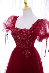 Prom Dresses With Long Sleeves, Burgundy Short Sleeve Tulle Tea Length Prom Dress, A-Line Party Dress