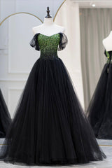 Braids, Black Tulle Long A-Line Prom Dress, Black Evening Dress with Green Beaded