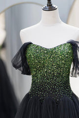 Bridesmaid Dresses Strapless, Black Tulle Long A-Line Prom Dress, Black Evening Dress with Green Beaded