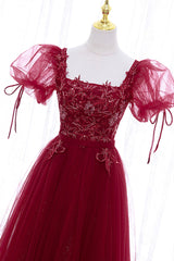 Prom Dress Casual, Burgundy Short Sleeve Tulle Tea Length Prom Dress, A-Line Party Dress