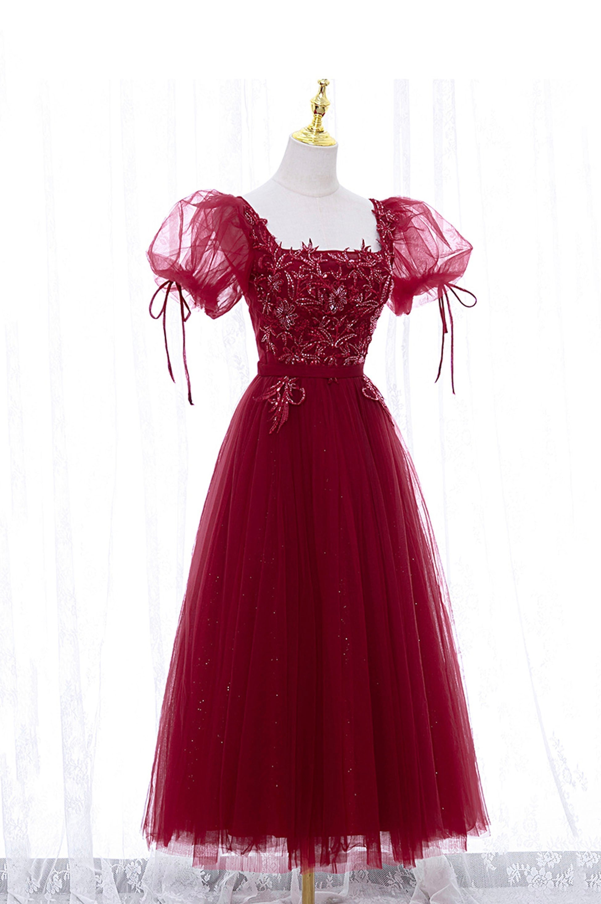 Prom Dresses Sale, Burgundy Short Sleeve Tulle Tea Length Prom Dress, A-Line Party Dress