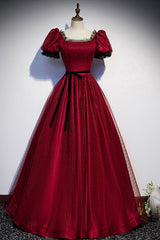 Prom Dresses Online, Burgundy Tulle Long Prom Dresses, A-Line Backless Evening Dresses