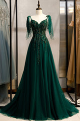 Party Dress Night Out, Green V-Neck Lace Long Prom Dresses, A-Line Evening Dresses