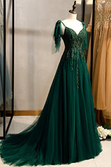 Party Dress Mid Length, Green V-Neck Lace Long Prom Dresses, A-Line Evening Dresses