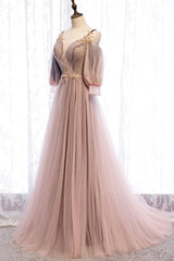 Party Dress And Style, A-Line Tulle Long Prom Dresses, Lace Evening Dresses
