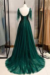 Party Dresses For Ladies 2034, Green V-Neck Lace Long Prom Dresses, A-Line Evening Dresses