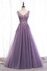 Bridesmaids Dresses Ideas, Purple V-Neck Lace Long Prom Dresses, A-Line Evening Party Dresses