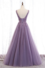 Bridesmaid Dress Inspiration, Purple V-Neck Lace Long Prom Dresses, A-Line Evening Party Dresses