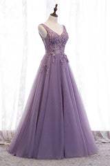 Bridesmaid Dresses Inspiration, Purple V-Neck Lace Long Prom Dresses, A-Line Evening Party Dresses