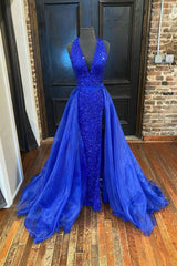 Prom Dress Sweetheart, Blue V-Neck Sequins Long Prom Dresses, Blue Formal Evening Dresses